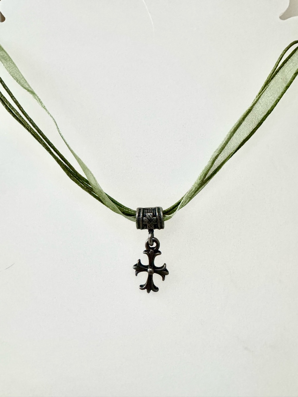 Antique Silver Toned 16”-18” Cross Necklace, Green Ribbon Cord NWOT - Picture 1 of 5